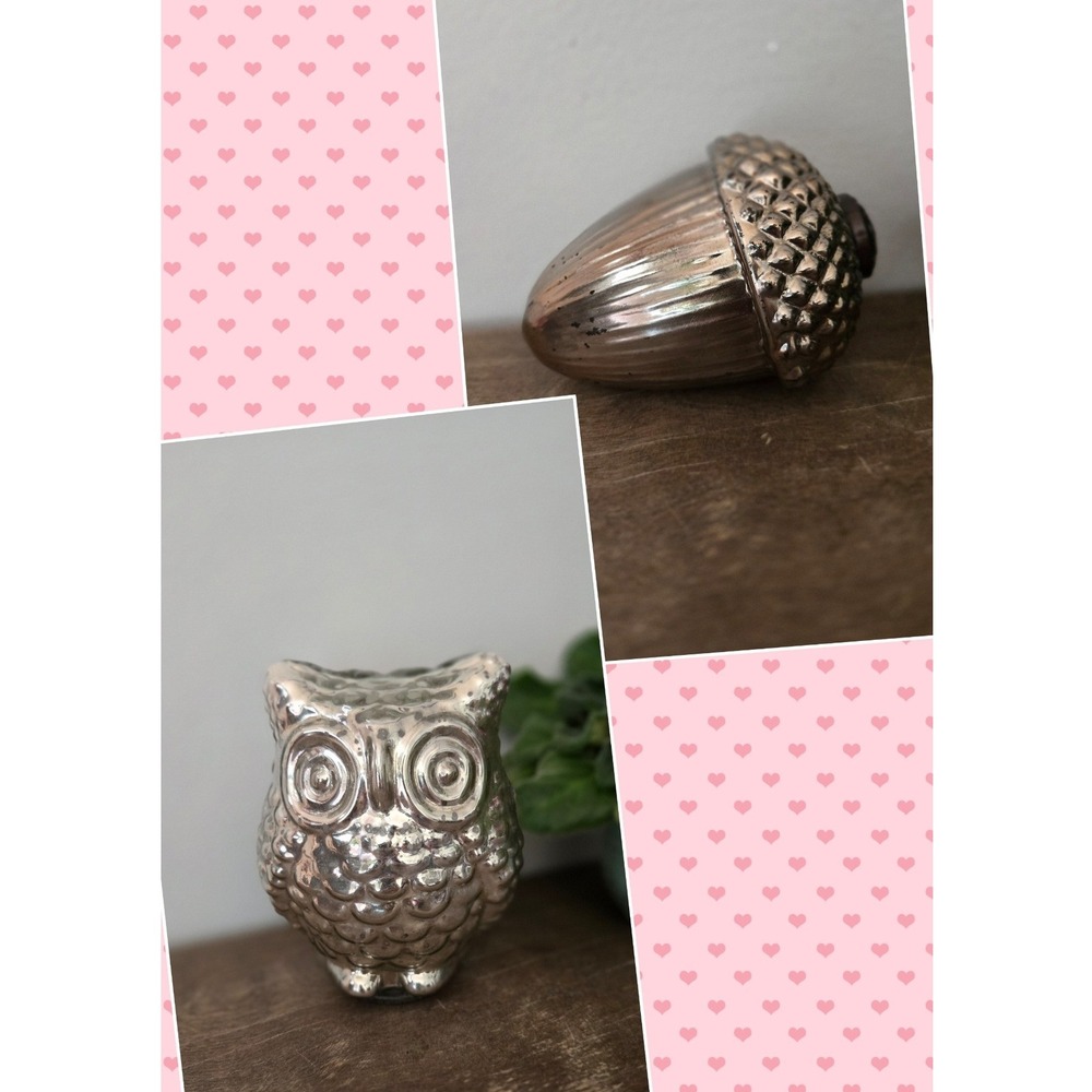 Mercury Glass Fall Decor Set Owl Figurine + Acorn Woodland Silver Tabletop decor